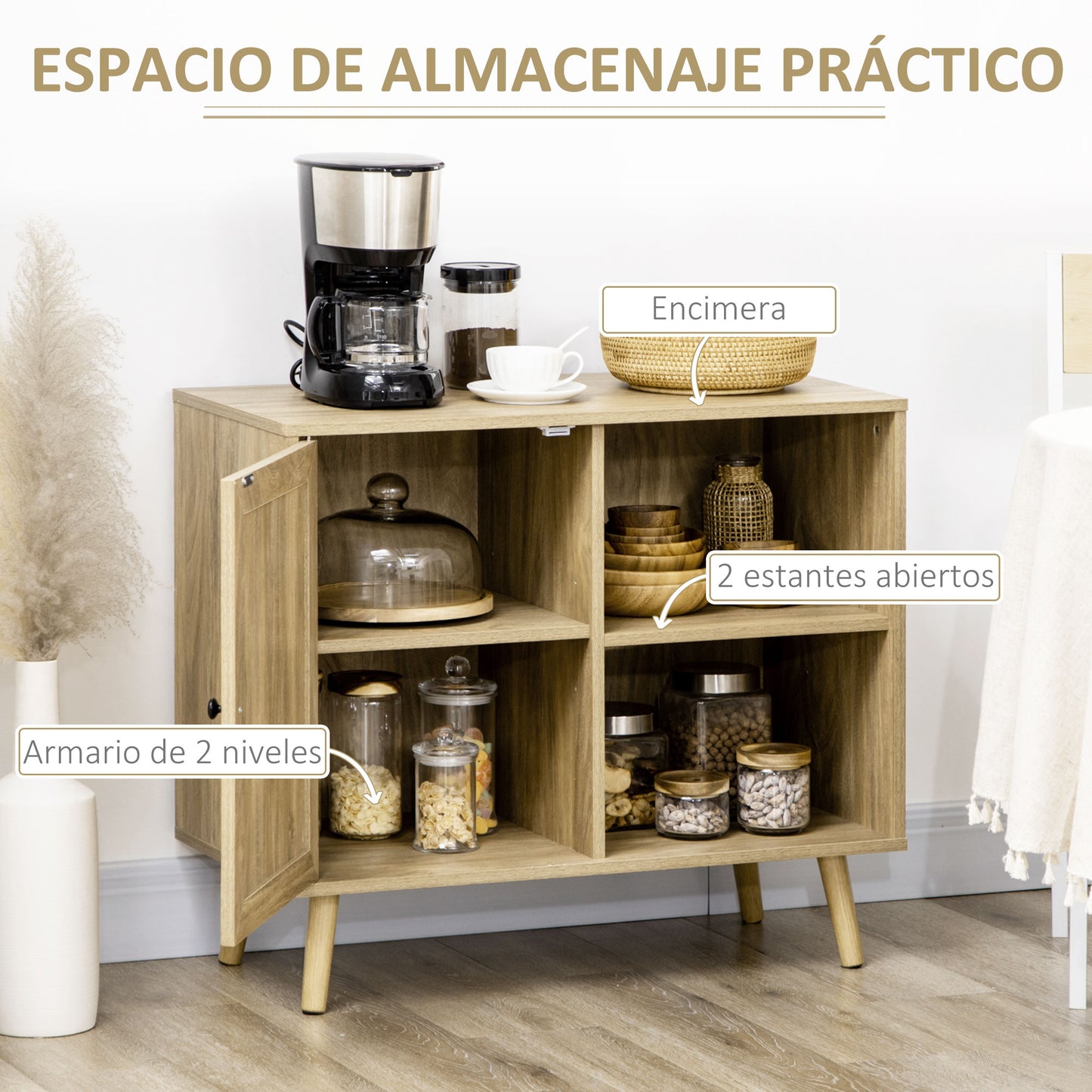 HOMCOM Aparador de Cocina Buffet de Salón Mueble Auxiliar de Cocina con Puerta de Ratán y 2 Estantes de Almacenaje para Comedor 80x39x70 cm Natural