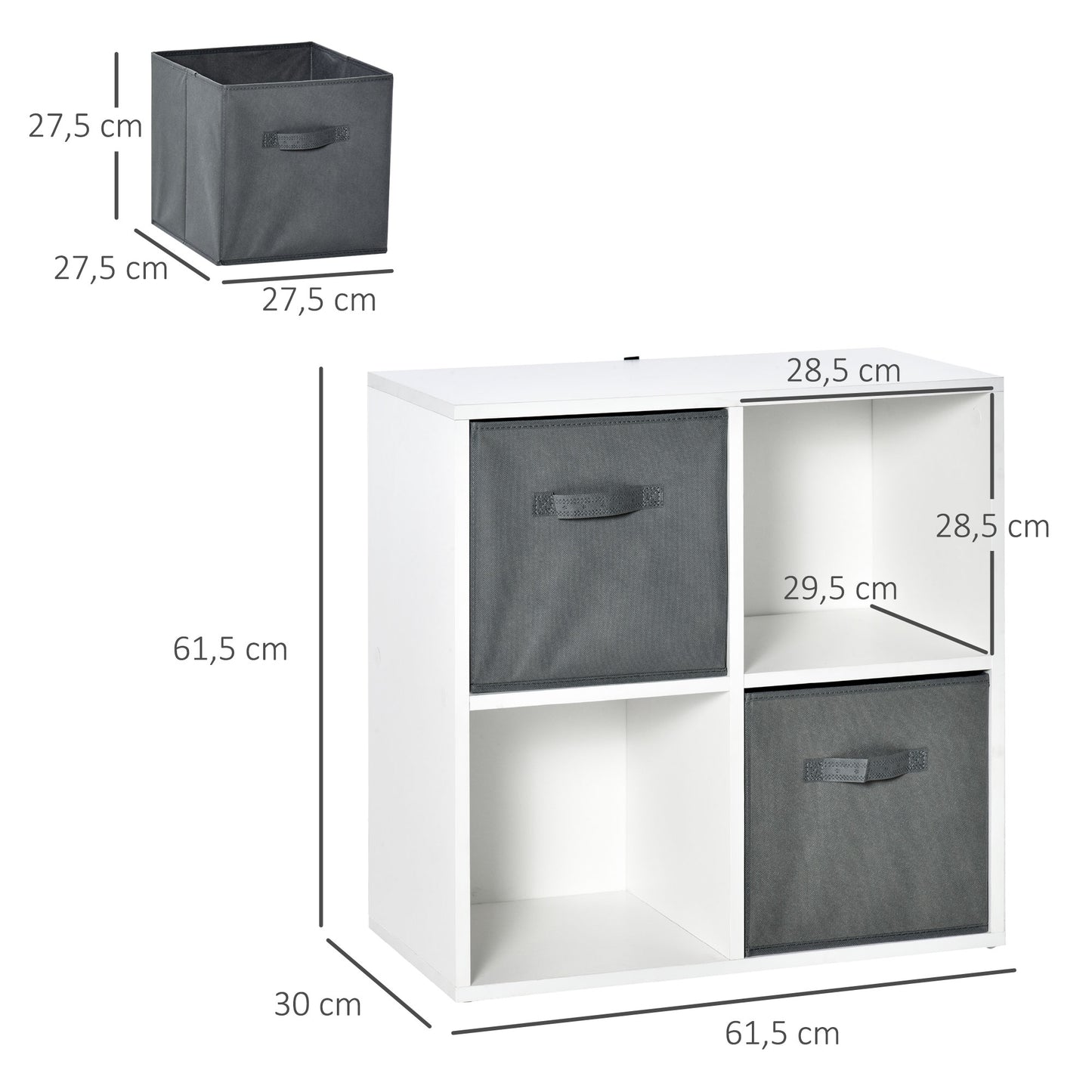 HOMCOM Estantería para Libros de 4 Cubos Librería Modular con 2 Cajones Extraíbles de Tela no Tejida para Oficina Estudio Dormitorio 61,5x30x61,5 cm Blanco y Gris