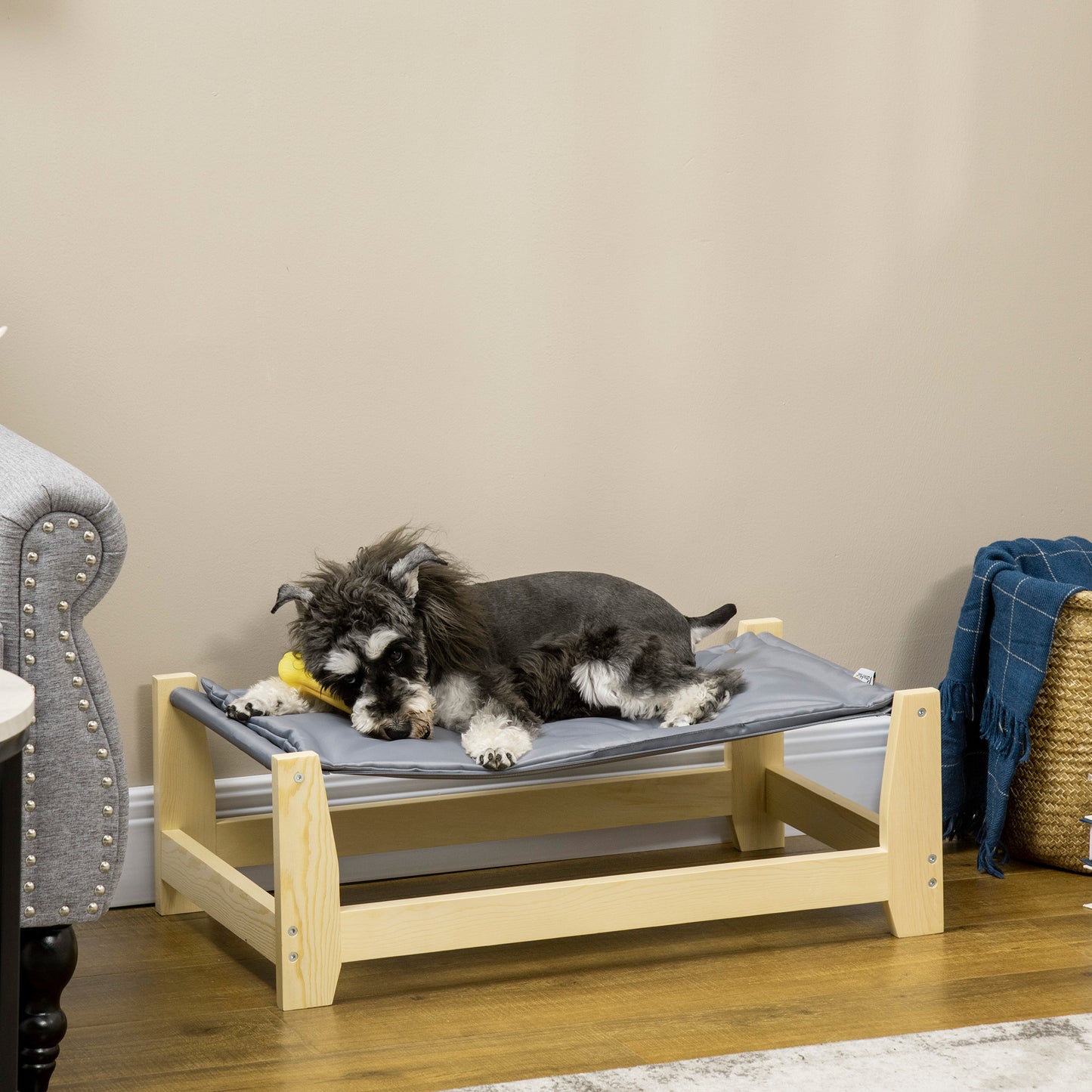 PawHut Cama Elevada para Perros Gatos Cama para Mascotas Medianas y Pequeños con Cojín Lavable Tela Oxford y Marco de Madera Carga 8 kg para Interior y Exterior 70x40x25 cm Gris