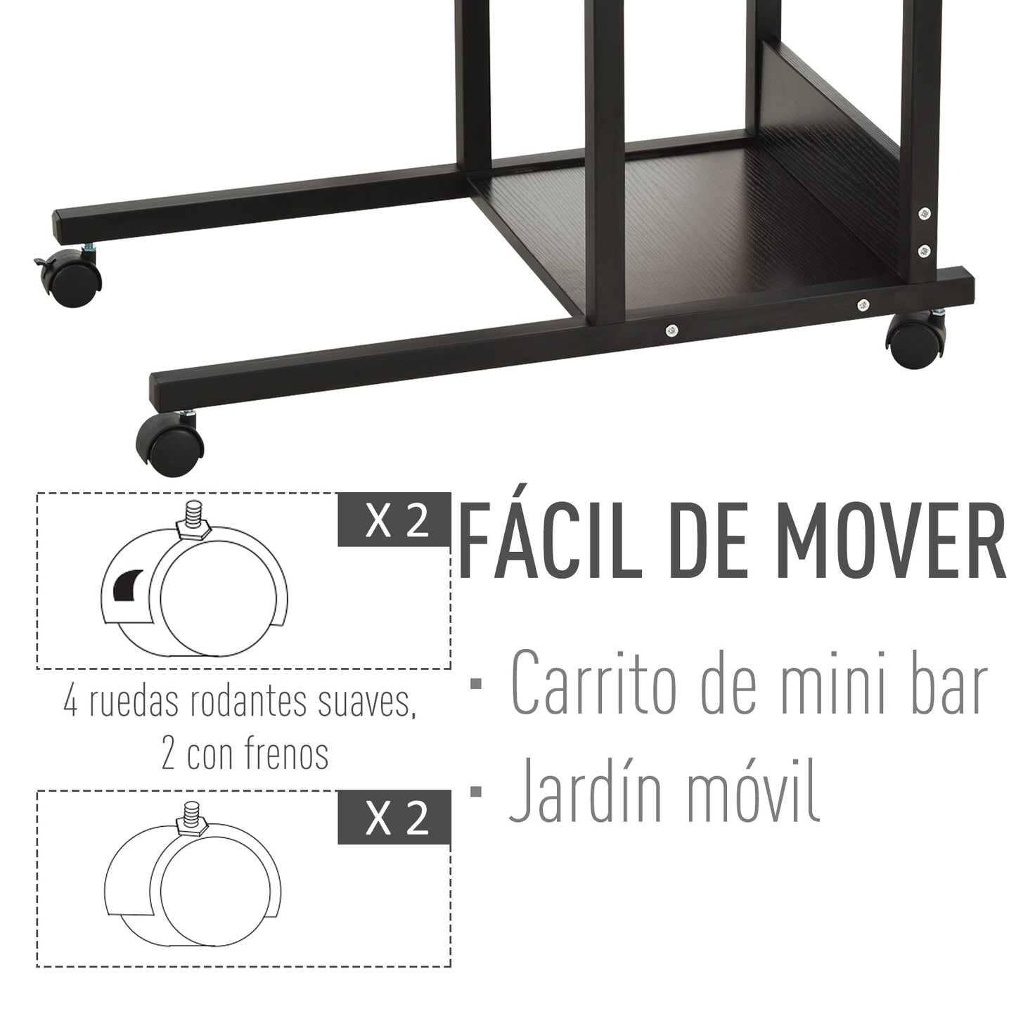 HOMCOM Mesa Auxiliar con Ruedas 80x40 cm Mesa para Sofá en Forma de C con Altura Ajustable 3 Niveles de 72-82 cm Marco de Metal para Salón Cocina Negro