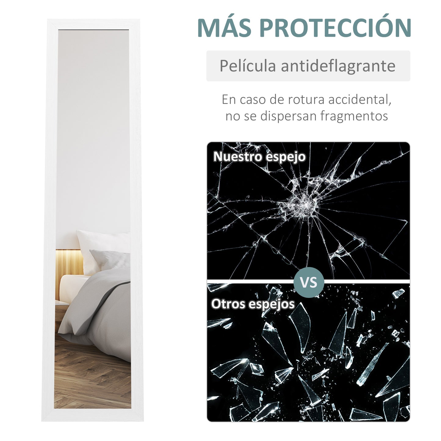 HOMCOM Espejo de Cuerpo Entero 37x157 cm Espejo de Pie Espejo de Pared Forma Rectangular con Marco de Madera Decorativo para Salón Dormitorio Pasillo Blanco