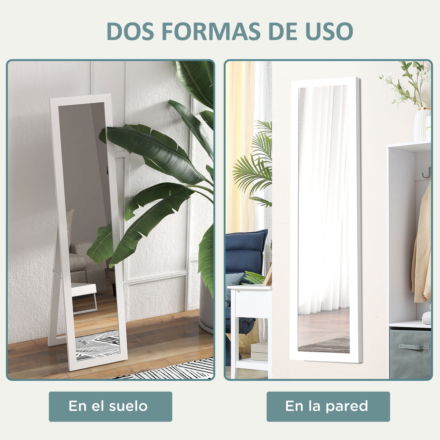 HOMCOM Espejo de Cuerpo Entero 37x157 cm Espejo de Pie Espejo de Pared Forma Rectangular con Marco de Madera Decorativo para Salón Dormitorio Pasillo Blanco