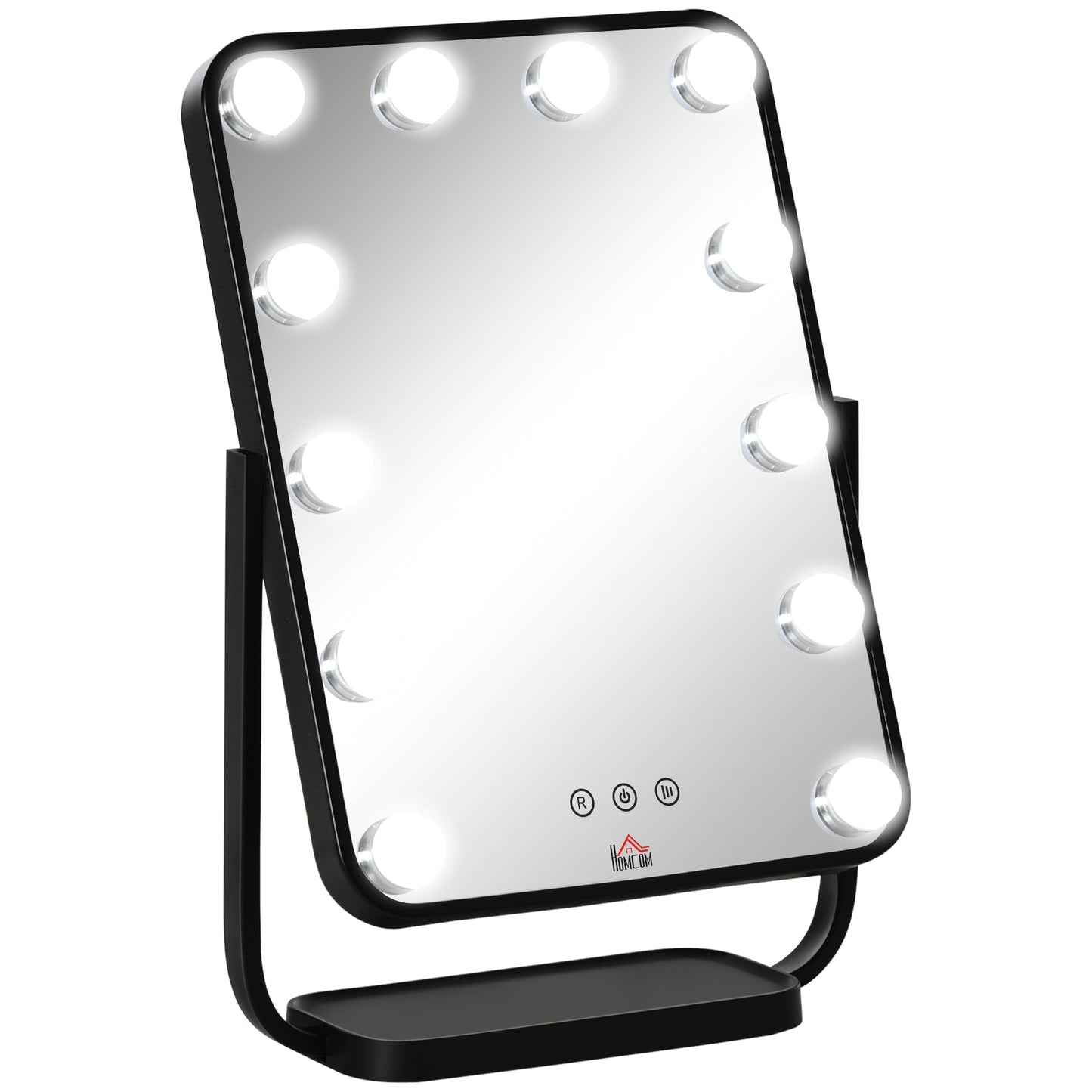 HOMCOM Espejo de Maquillaje con Luz Espejo Hollywood de Mesa con 12 LED 3 Modos y Luz Ajustable Pantalla Táctil y Función de Memoria para Dormitorio Baño 32,8x11x47,4 cm Negro