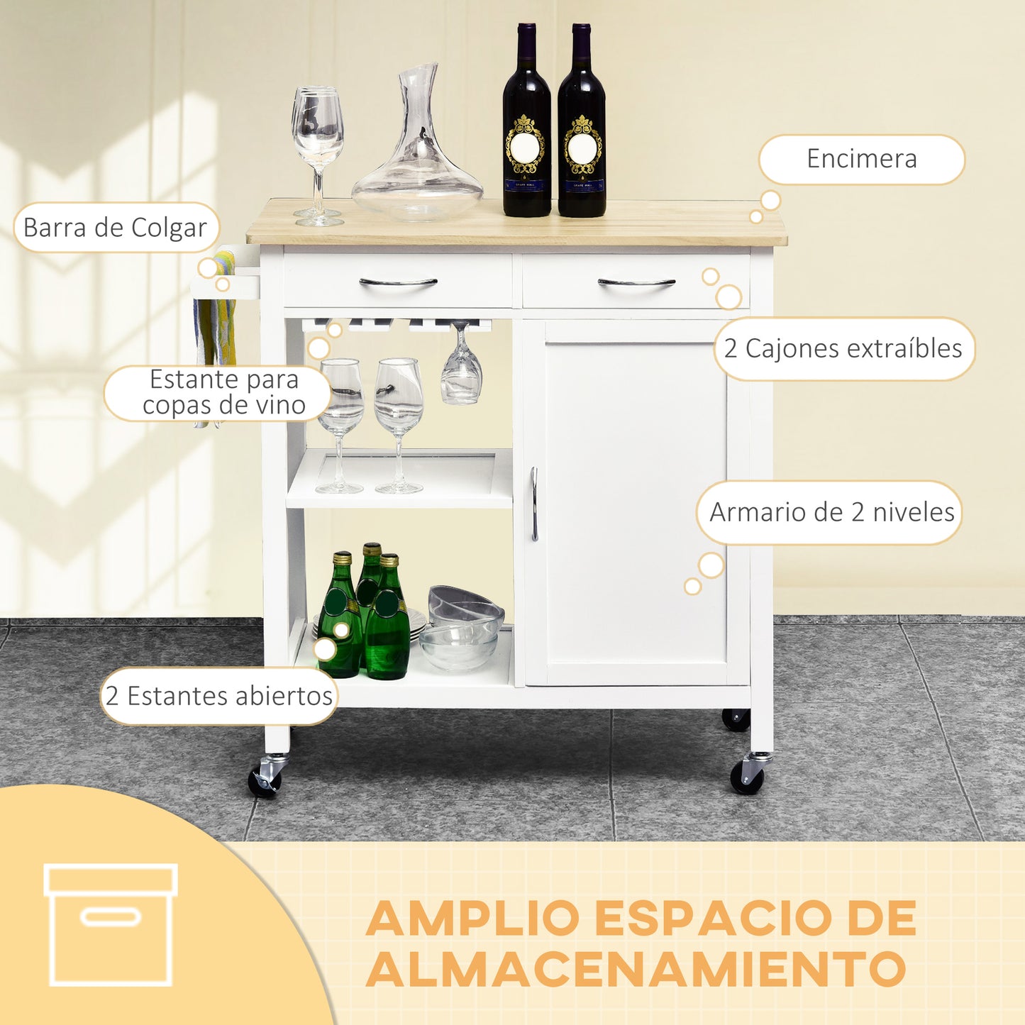 HOMCOM Carro de Cocina Carrito de Servir Multiusos Estantería Carrito Auxiliar con Ruedas para Baño Dormitorio con Estante Cajón Armario 89x40x84cm