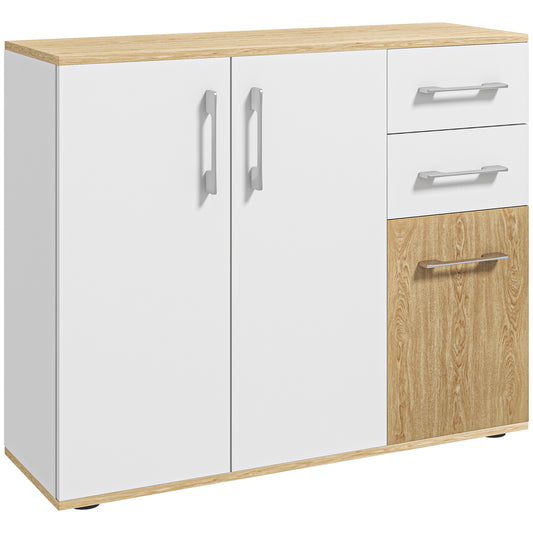 HOMCOM Aparador de Salón Moderno Aparador de Cocina con 2 Cajones 2 Armarios y Estantes Ajustables para Dormitorio Comedor Recibidor 90x30x75,5 cm Blanco y Natural