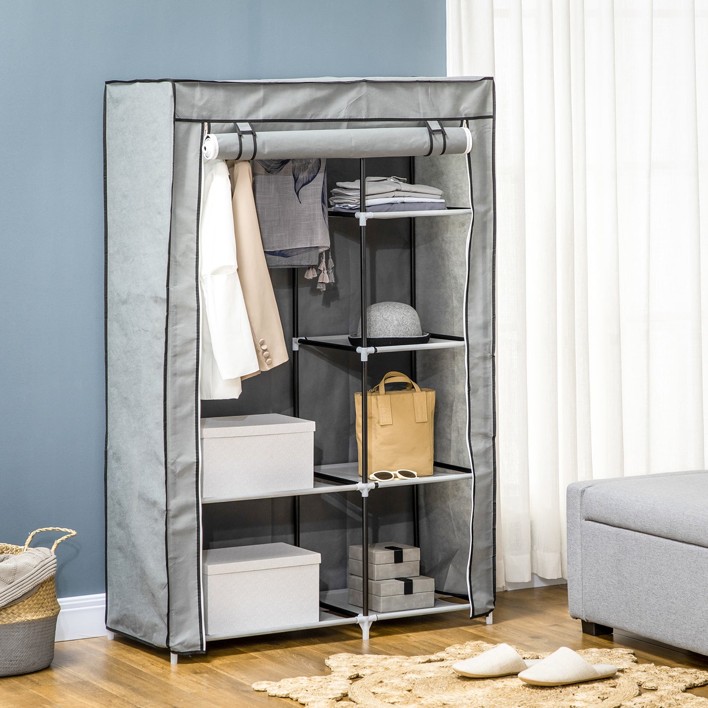 HOMCOM Armario de Tela Plegable Armario de Ropa Organizador Ropero Portátil con Estantes y Barra para Colgar para Dormitorio Vestidor 103x43x162,5 cm Gris