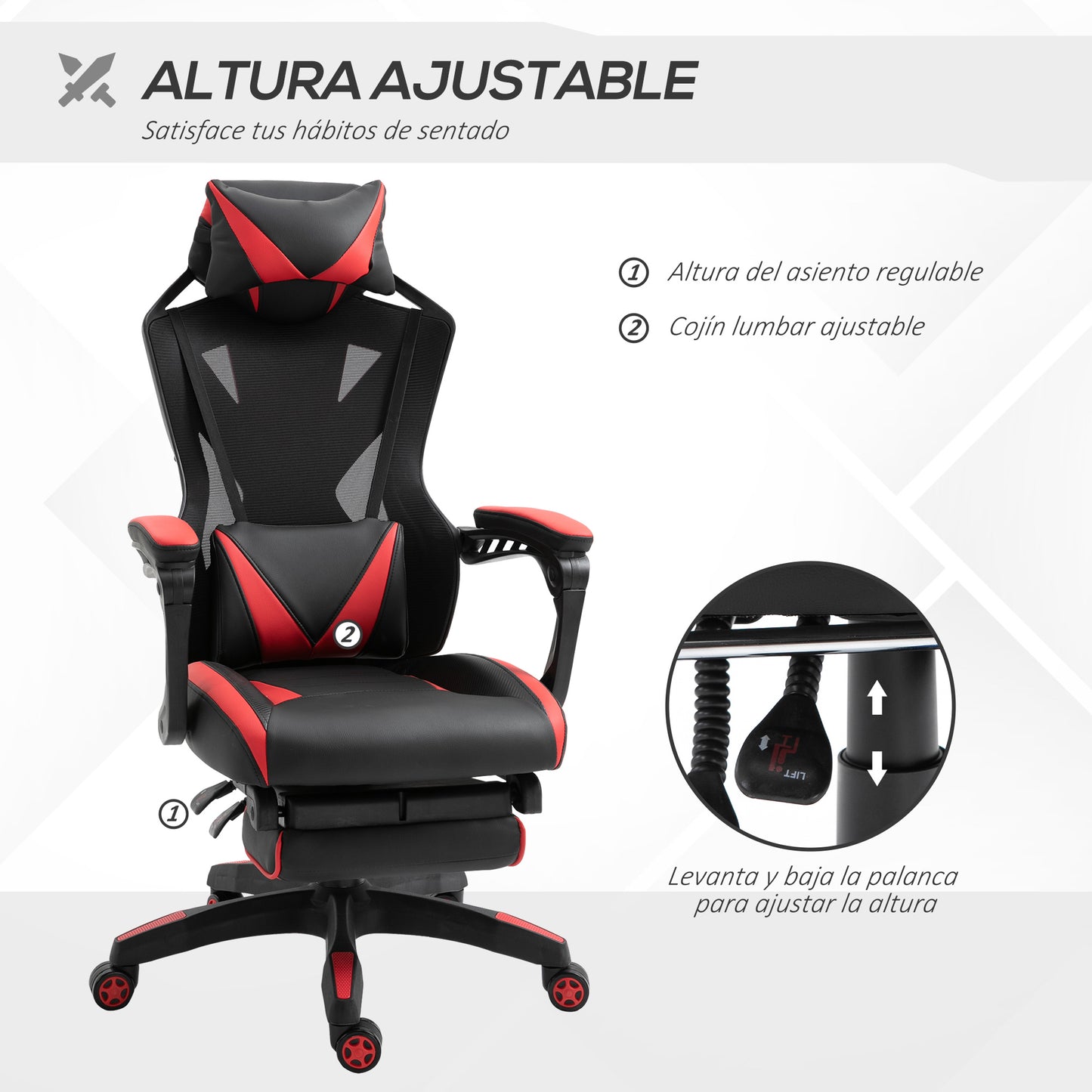 Vinsetto Silla Gaming Ergonómica Silla de Escritorio para Oficina con Altura Ajustable Respaldo Regulable de 170° Almohada Lumbar y Reposapiés Retráctil 65x70x117-125 cm Rojo