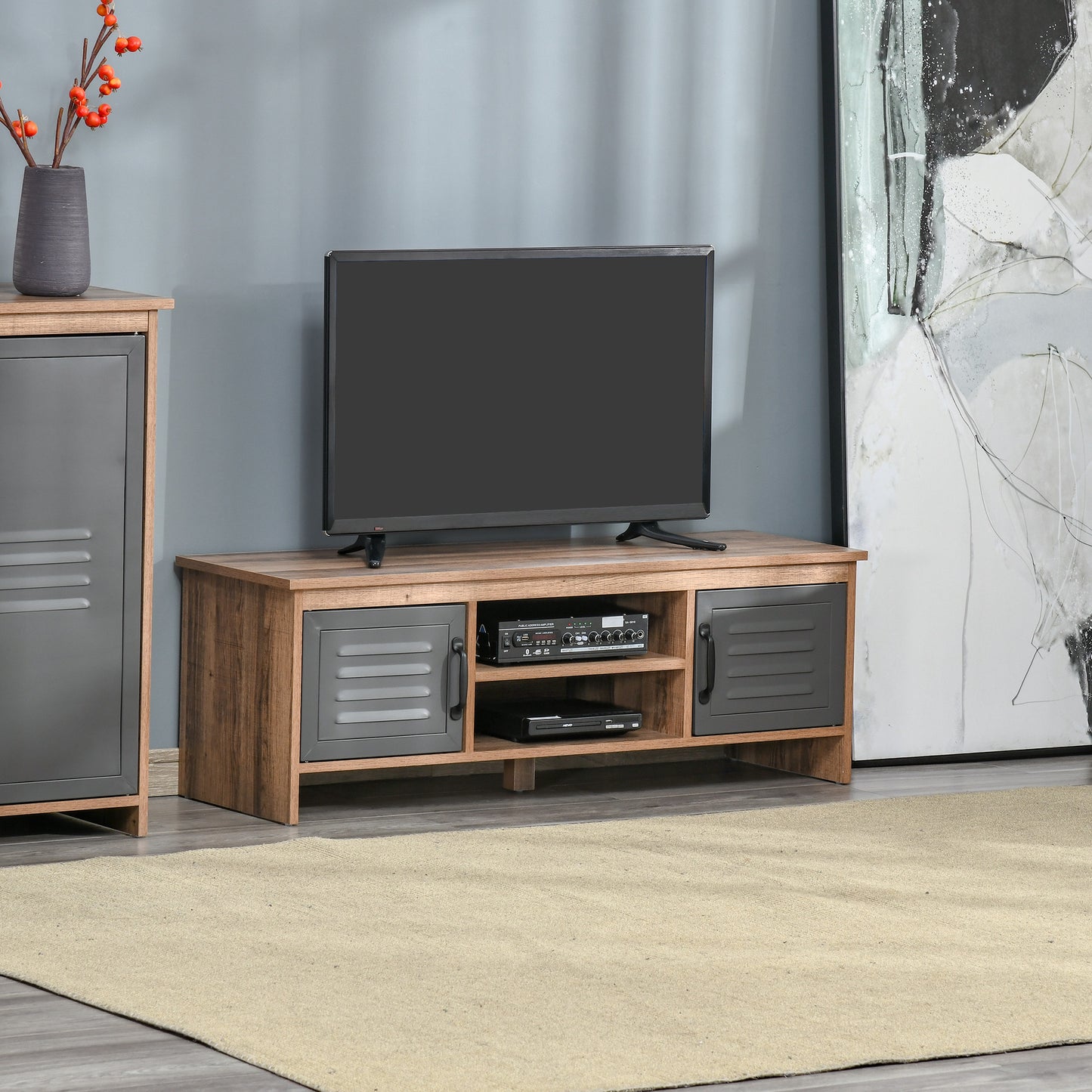 HOMCOM Mueble de TV para Televisores de 42" con 2 Compartimentos Cerrados con Puertas de Metal y 2 Estantes Abiertos Mueble de salón moderno Mesa para televisor 109x35x38 cm Madera Natural y Gris