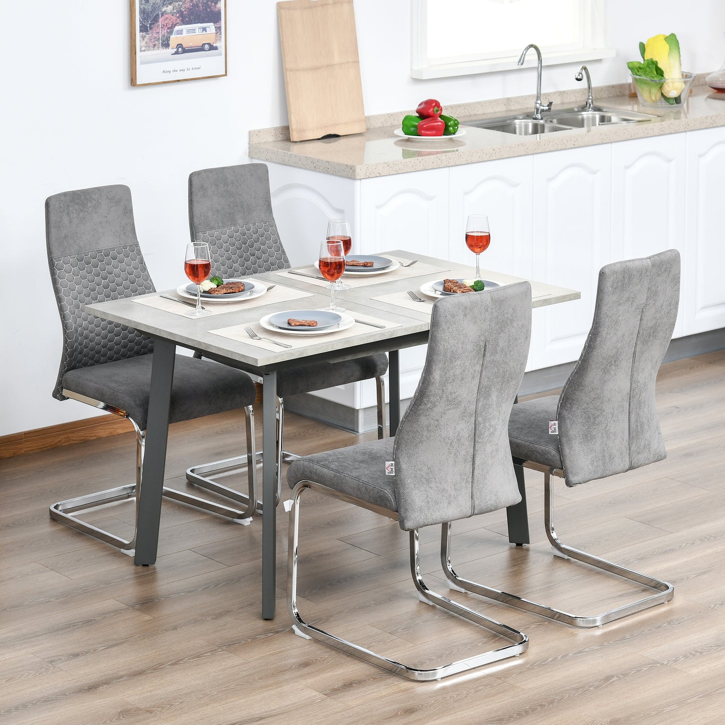 HOMCOM Set de 4 Sillas de Comedor Sillas de Cocina Tejido de Microfibra con Asiento Acolchado y Patas de Metal Sillas Cantilever Modernas 45x61x98 cm Gris