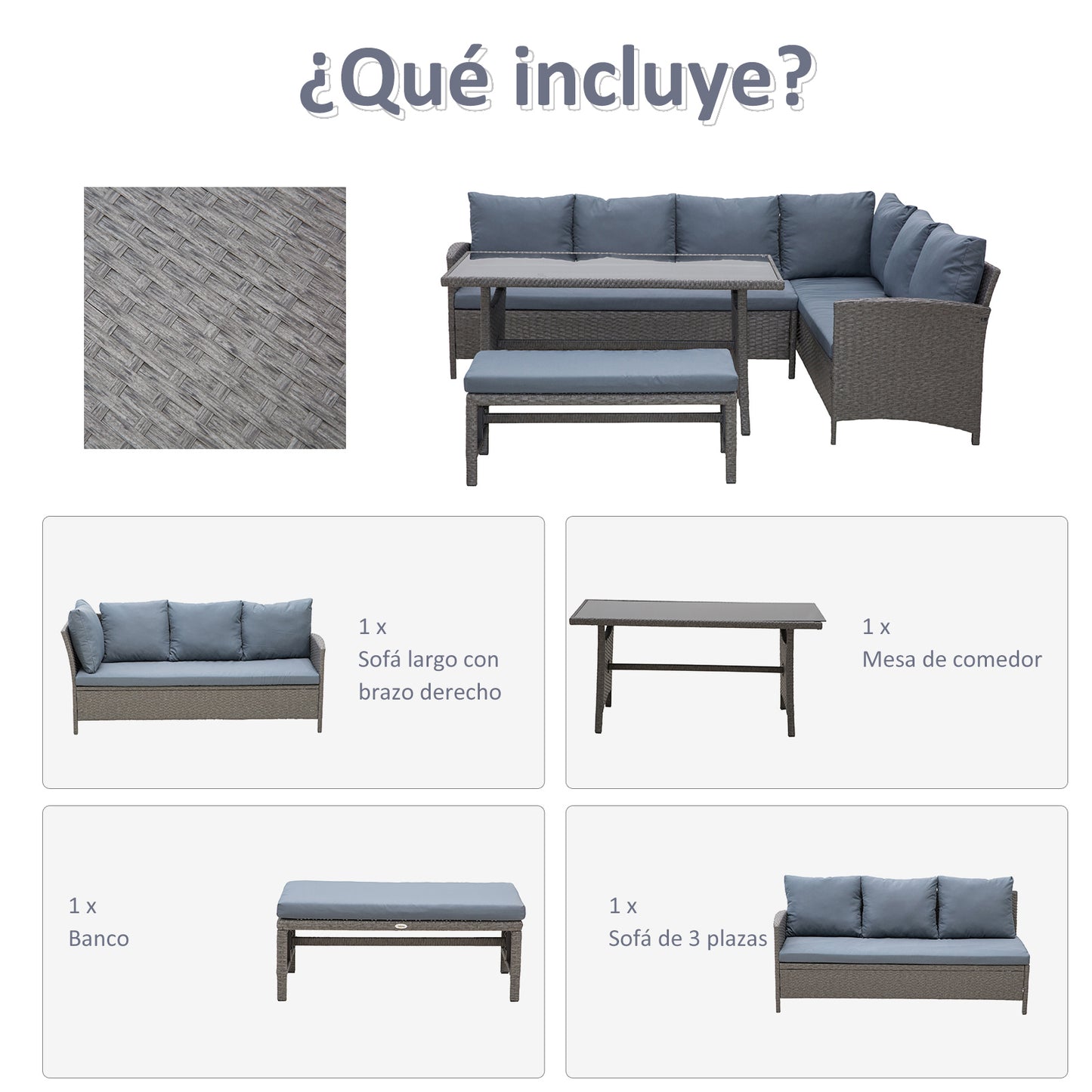 Outsunny Conjunto 4 Piezas Muebles de Ratán Espacio Amplio con Cojines Acolchados para Jardín o Terraza Patio 2 Sofá 1 Mesa 1 Banco de Exterior Tubo de Hierro Vidrio Templado Gris