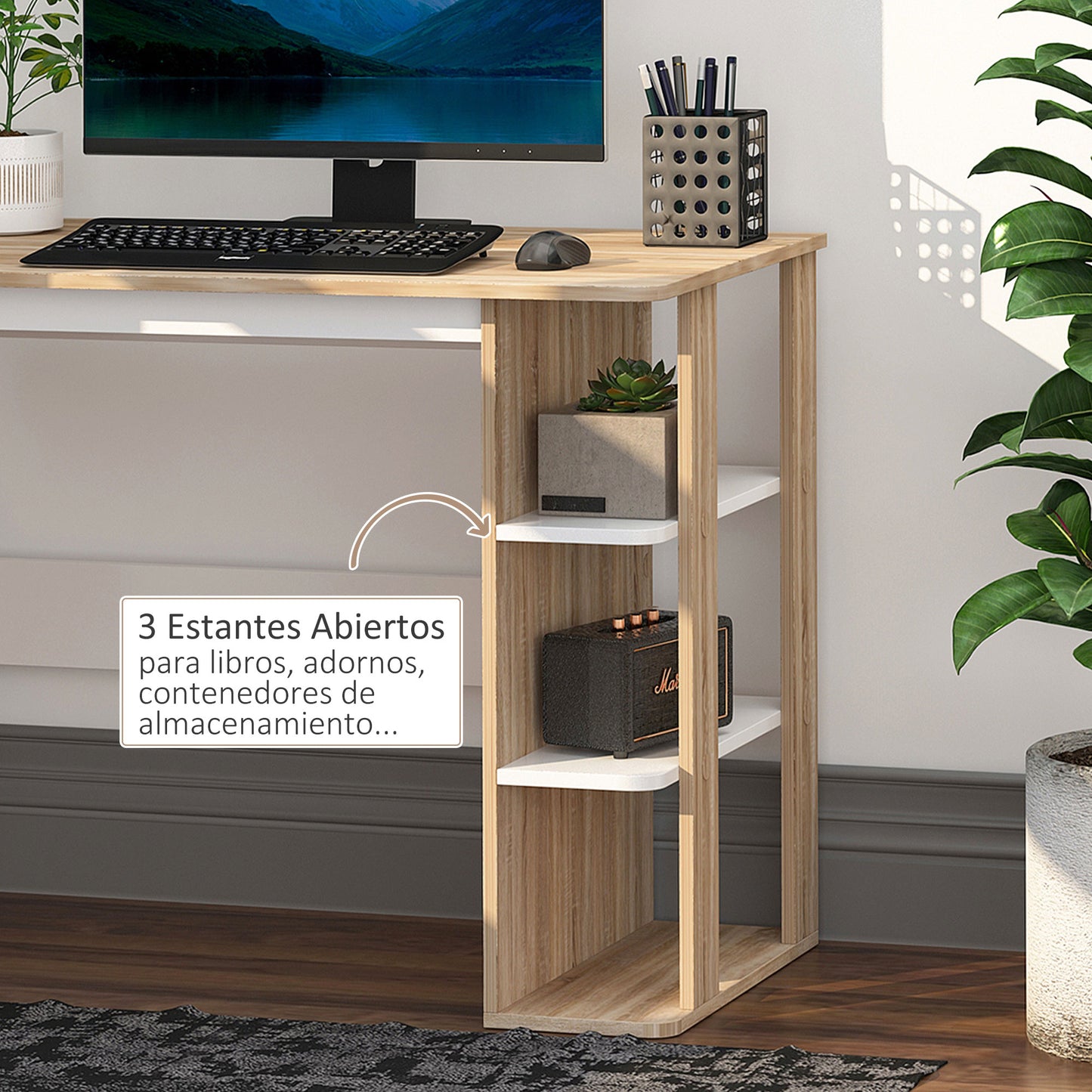 HOMCOM Mesa de Escritorio 2 en 1 con Estante de 3 Niveles Gran Superficie Espacio Almacenaje Amplio Mesa de Oficina Dormitorio Estudio 100x55x74 cm Madera