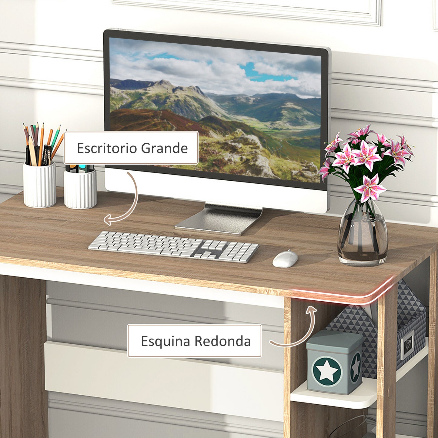 HOMCOM Mesa de Escritorio 2 en 1 con Estante de 3 Niveles Gran Superficie Espacio Almacenaje Amplio Mesa de Oficina Dormitorio Estudio 100x55x74 cm Madera