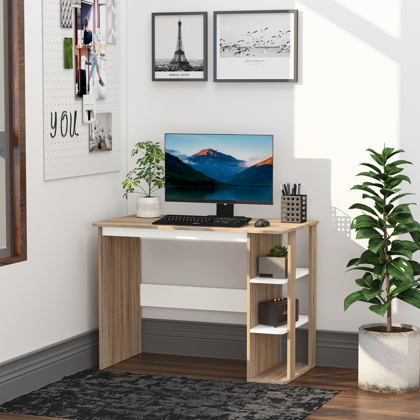 HOMCOM Mesa de Escritorio 2 en 1 con Estante de 3 Niveles Gran Superficie Espacio Almacenaje Amplio Mesa de Oficina Dormitorio Estudio 100x55x74 cm Madera