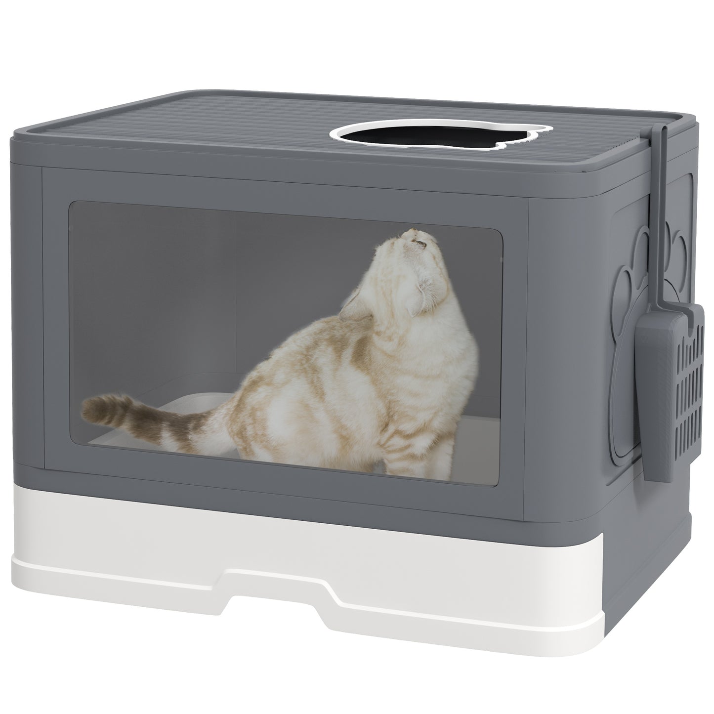 PawHut Arenero para Gatos Cubierto Inodoro para Mascotas Desmontable con Caja de Almacenamiento Pala Cepillo 2 Puertas Entrada Principal y Salida Superior 48,5x38x36,5 cm Gris