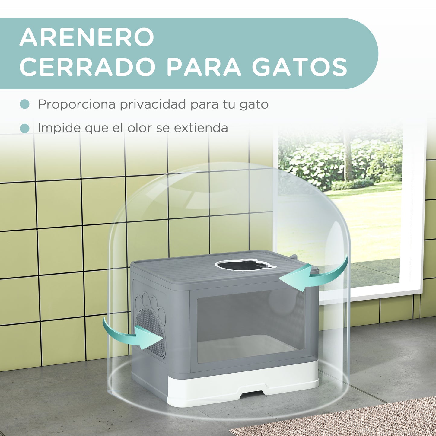 PawHut Arenero para Gatos Cubierto Inodoro para Mascotas Desmontable con Caja de Almacenamiento Pala Cepillo 2 Puertas Entrada Principal y Salida Superior 48,5x38x36,5 cm Gris