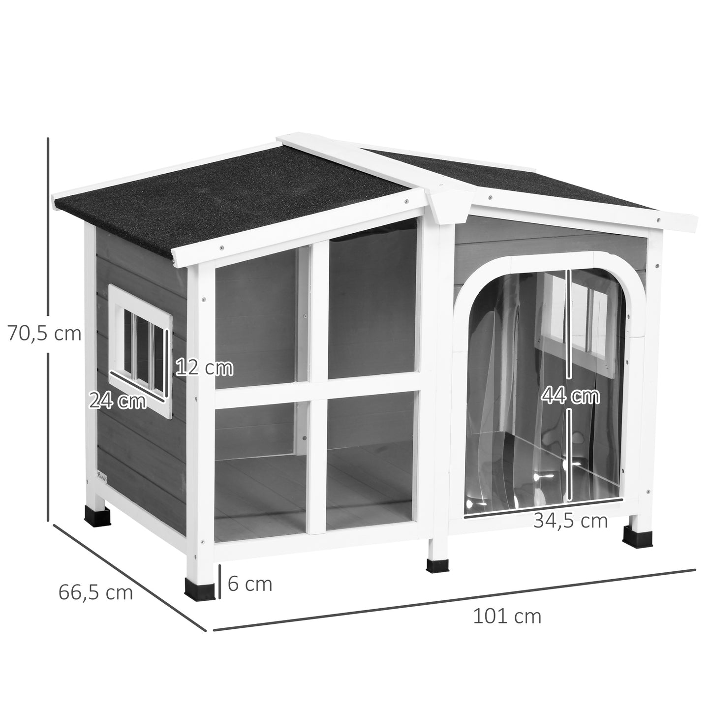 PawHut Caseta para Perros de Exterior Casa para Perros de Madera con Techo Abatible Frontal de Acrílico Puerta con Cortina y Fondo Extraíble para Interior y Exterior 101x66,5x70,5 cm Gris