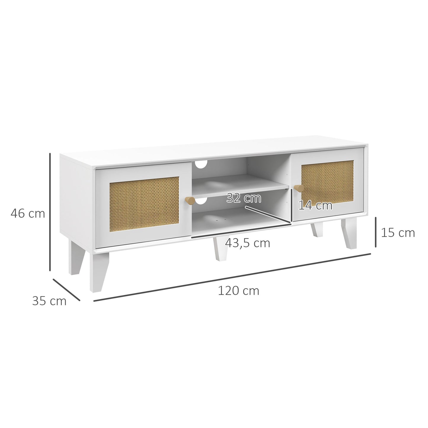 HOMCOM Mueble de TV Mueble de Salón para Televisores de hasta 55 Pulgadas con 2 Puertas de Ratán y Estante Ajustable para Dormitorio 120x35x46 cm Blanco