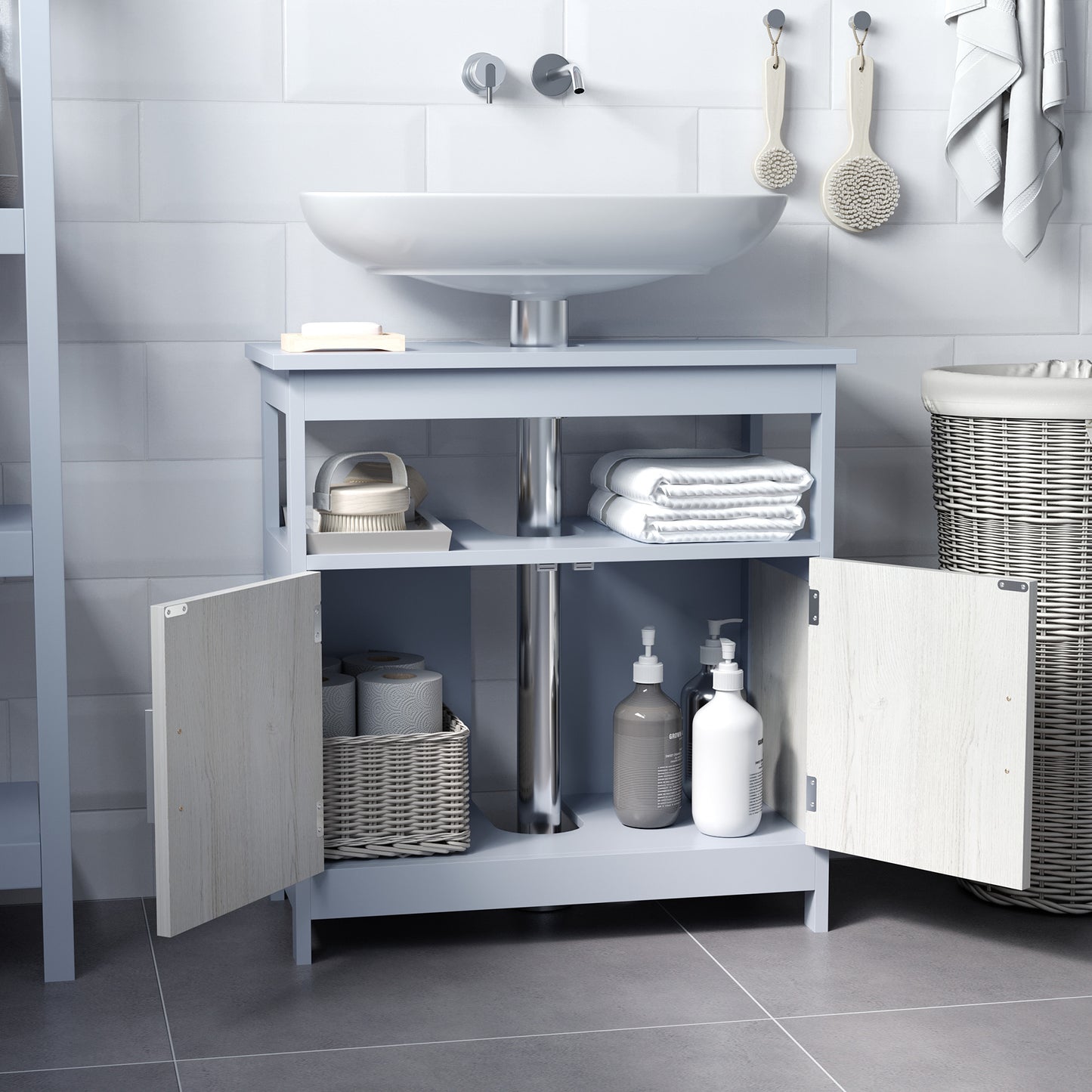 kleankin Mueble para Debajo del Lavabo Armario de Suelo de Baño con 2 Puertas y Estante de Almacenaje Carga 15 kg Estilo Moderno Antivuelco 60x30x62 cm Gris