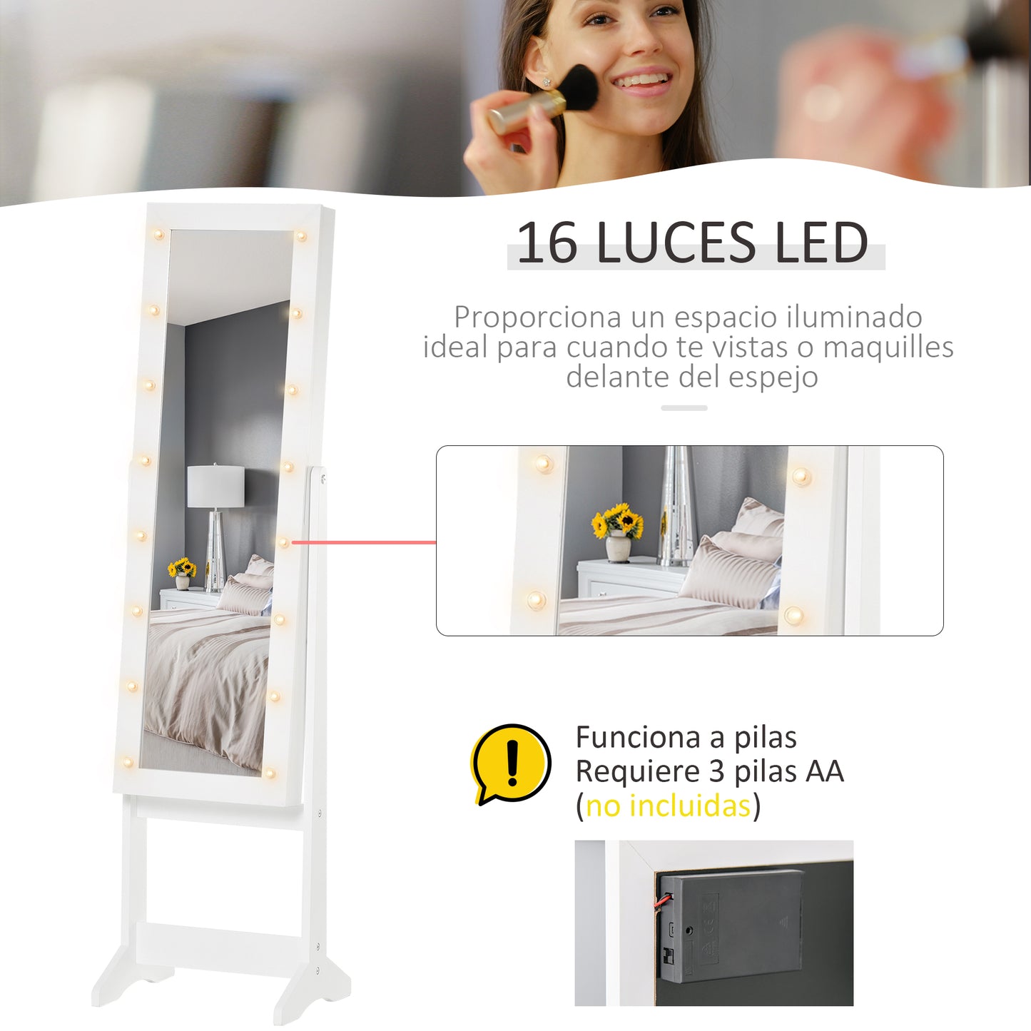 HOMCOM Espejo Joyero de Pie Armario de Joyería con 16 Luces LED y Ángu –  Bechester