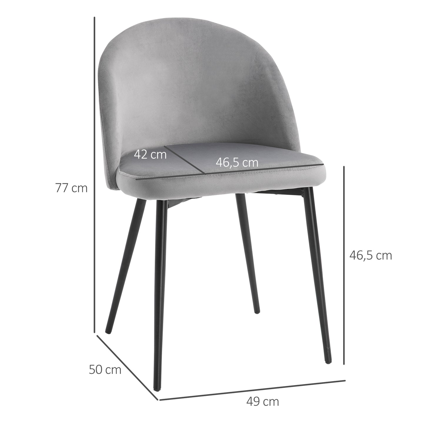 HOMCOM Pack de 2 Sillas de Comedor Tapizadas en Terciopelo Sillas de Cocina con Respaldo Acolchados Patas de Metal Carga 90 kg para Salón 49x50x77 cm Gris