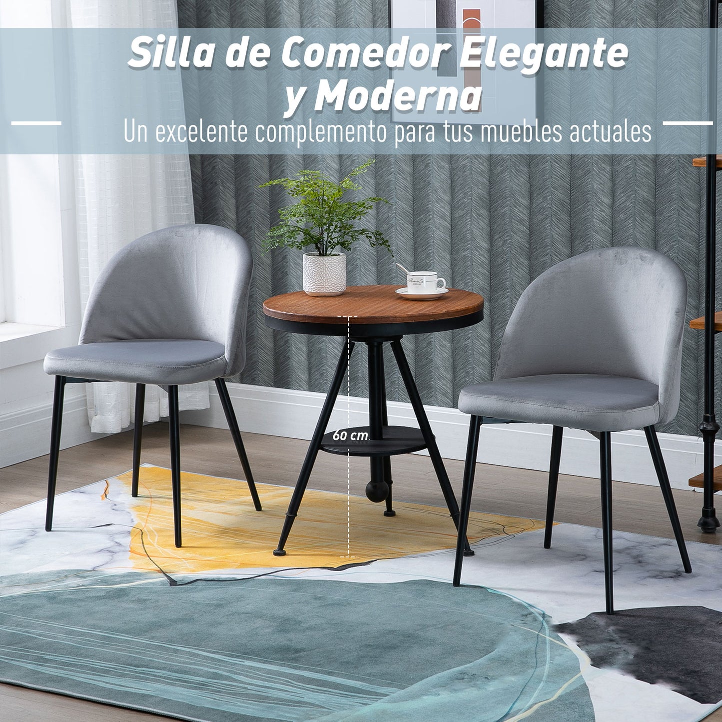 HOMCOM Pack de 2 Sillas de Comedor Tapizadas en Terciopelo Sillas de Cocina con Respaldo Acolchados Patas de Metal Carga 90 kg para Salón 49x50x77 cm Gris