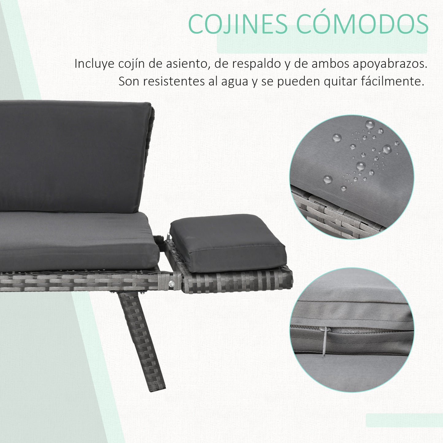 Outsunny Sofá de Ratán de 2 Plazas Convertible en Cama Individual con Reposabrazos Abatibles y Cojines Acolchados Jardín Patio Terraza 129x63x67 cm Gris