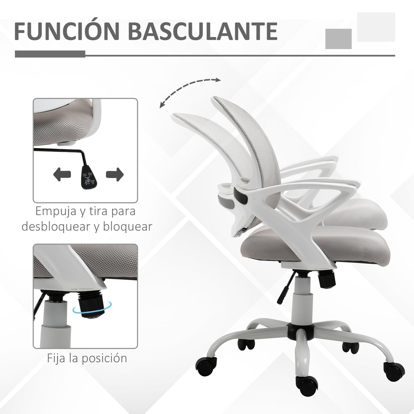 Vinsetto Silla de Oficina Silla de Escritorio Basculante con Altura Ajustable Asiento Giratorio 360° y Soporte Lumbar Malla Transpirable 61x61x89-99 cm Gris