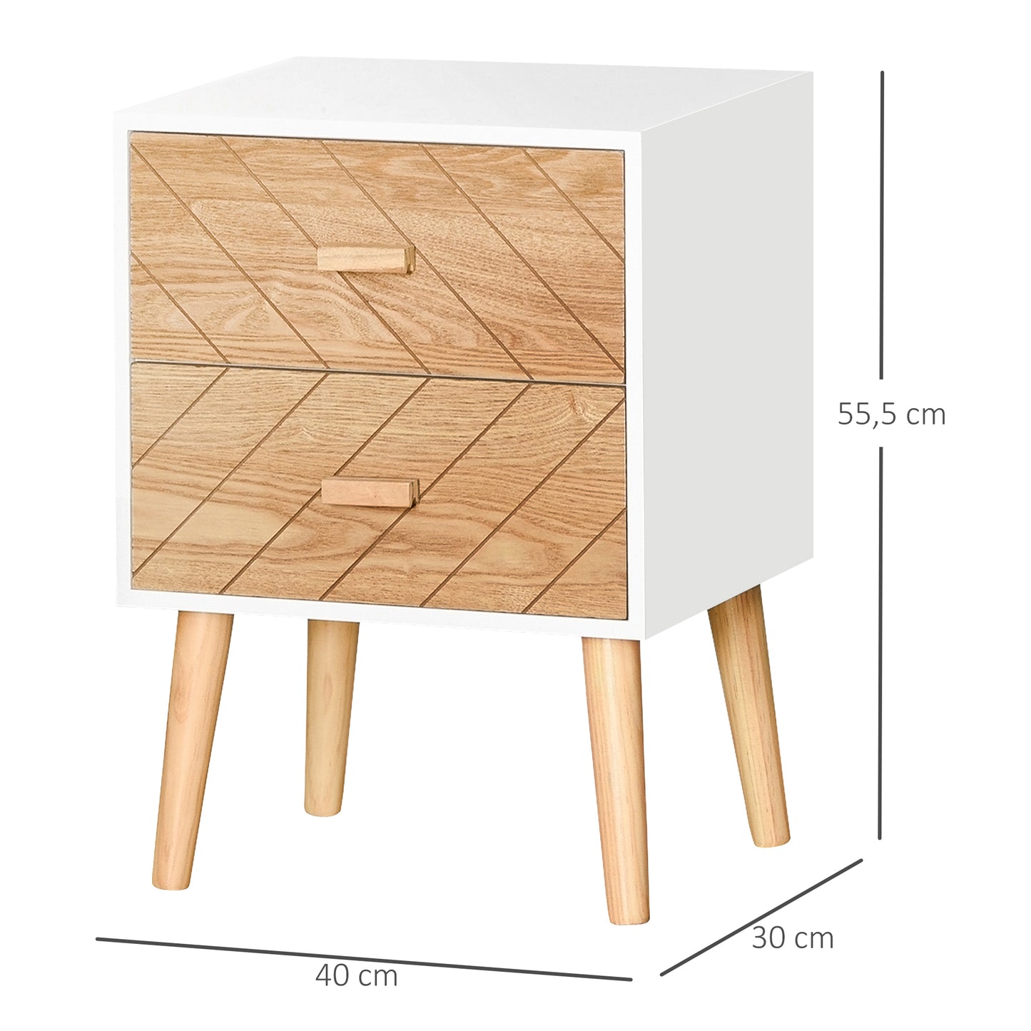 HOMCOM Cómoda con 2 Cajones Cómoda de Dormitorio Mesita de Noche con Patas Elevadas para Salón 40x30x55,5 cm Blanco y Natural