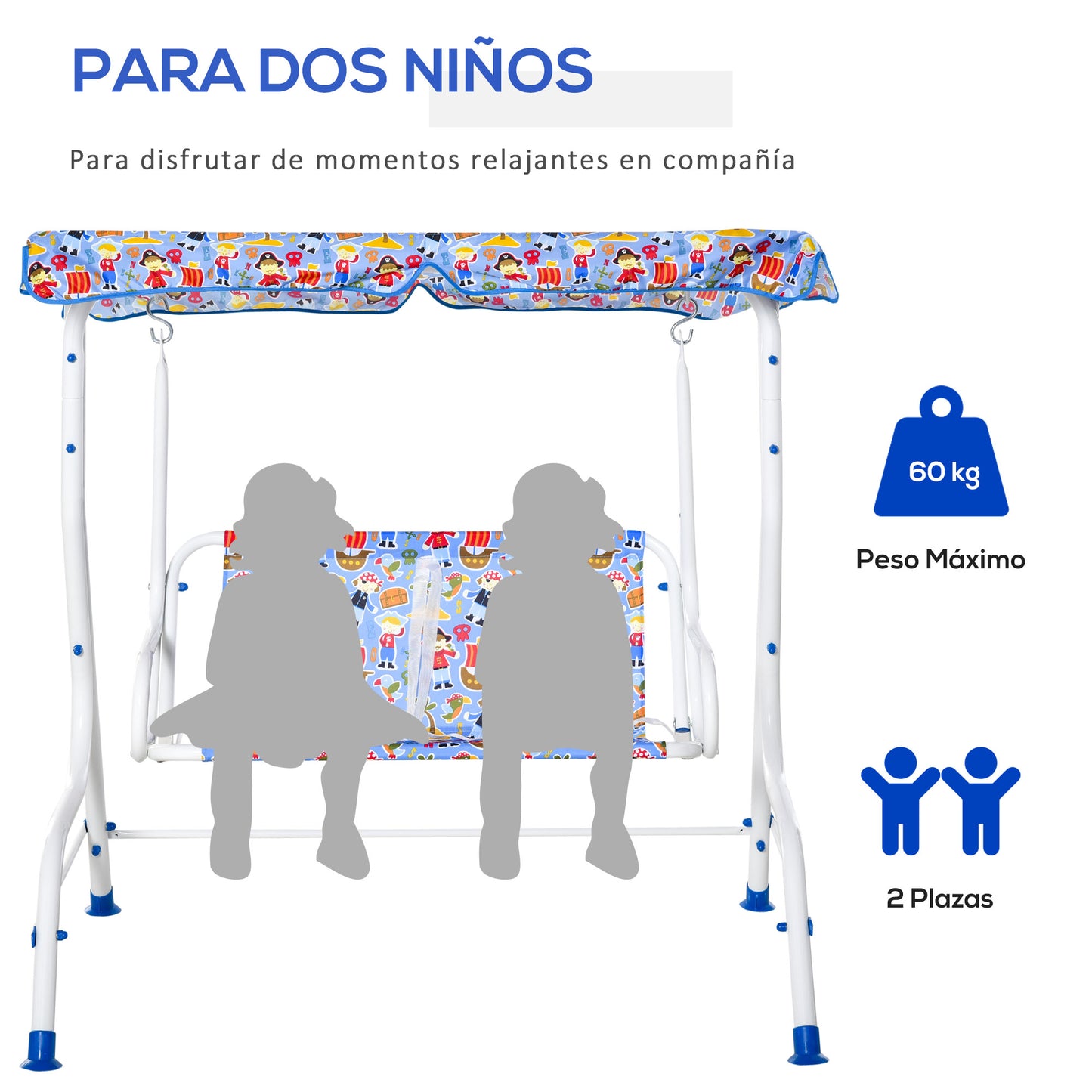 Outsunny Columpio Balancín de Jardín Infantil 2 Plazas para Niños de +3 Años con Toldo Ajustable en Ángulo para Terraza Balcón Carga Máx. 60 kg 110x70x110 cm Azul