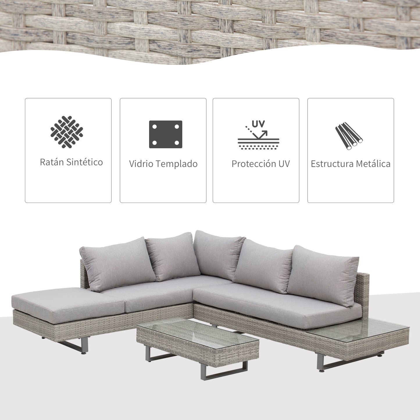 Outsunny Conjunto de Muebles Ratán de 3 Piezas Mesa de Centro Sofá Doble y Sofá de 3 Plazas con Cojines Extraíbles para Exterior Jardín Terraza Patio Acero Gris