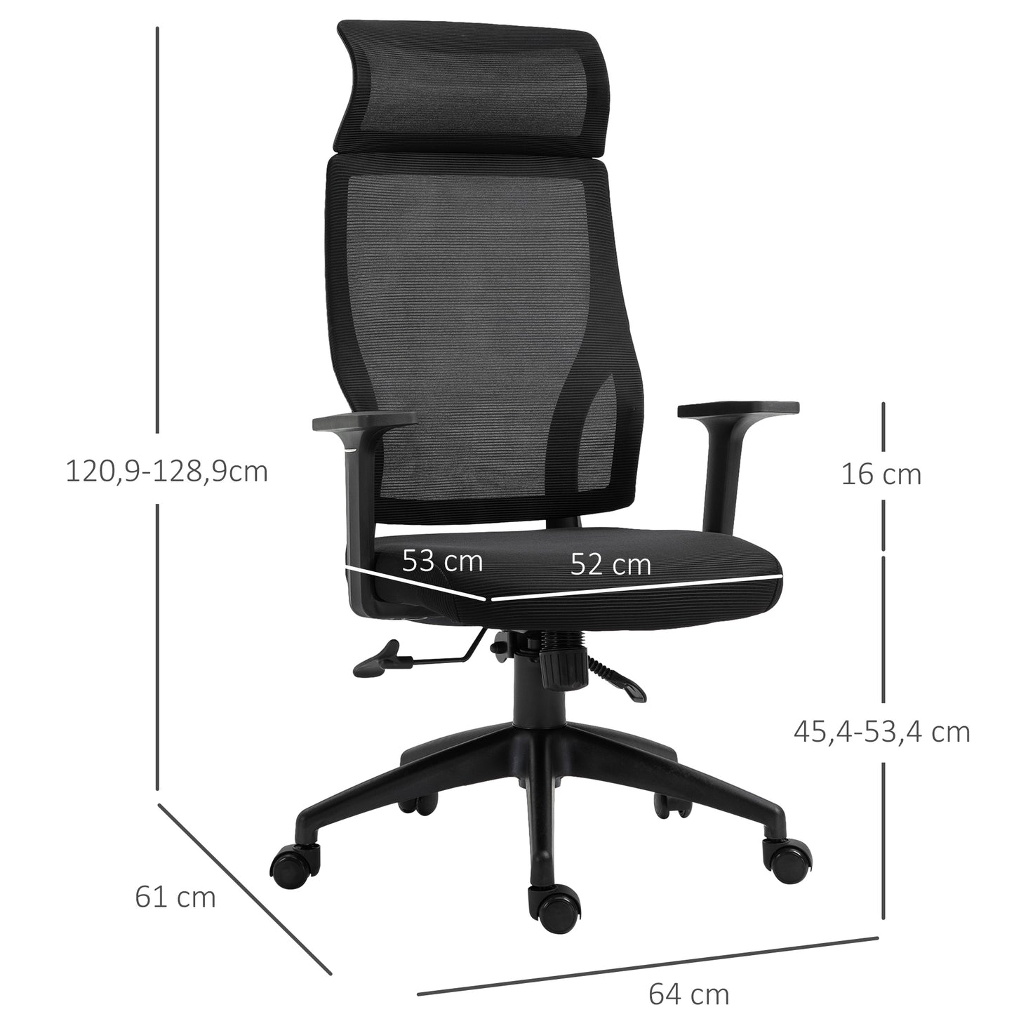 Vinsetto Silla de Oficina Silla de Escritorio Giratoria Ajustable en Altura y Reclinable hasta 120° Bloqueo de Posición 64x61x120,9-128,9 cm Negro