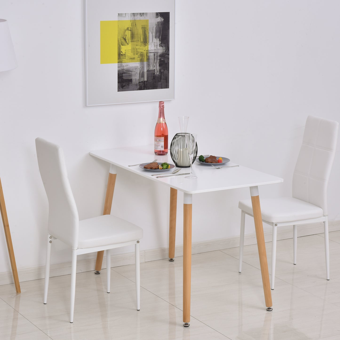 HOMCOM Mesa de Comedor Estilo Nórdico Mesa de Cocina con Patas de Madera de Haya Estructura de Metal 120x60x75 cm Blanco