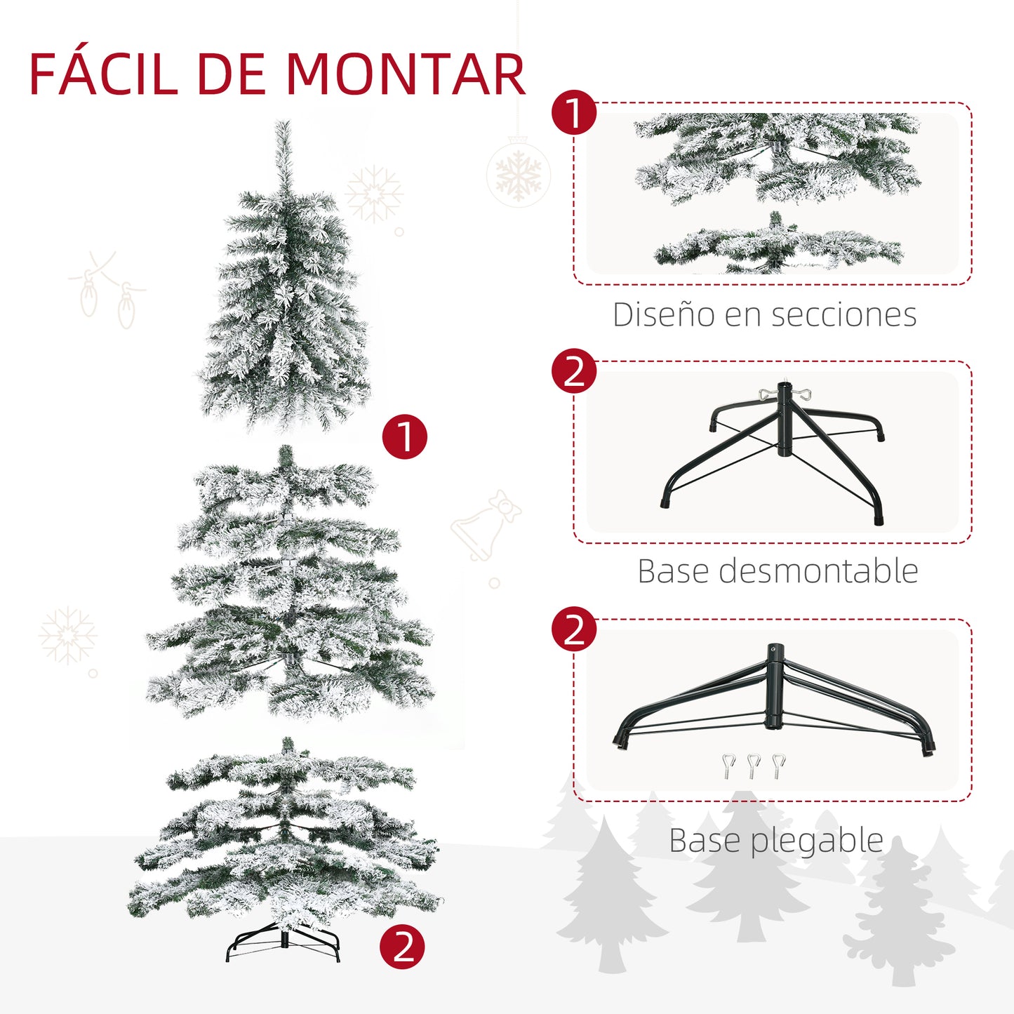 HOMCOM Árbol de Navidad 225 cm Nevado Artificial con 1083 Puntas de PVC Base Plegable y Soporte de Metal Decoración Navideño para Interiores 140x140x225 cm Verde y Blanco