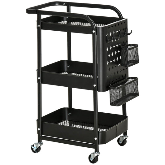 HOMCOM Carrito de Cocina de Acero con Ruedas Carro de Almacenamiento de 3 Niveles 4 Ganchos Asa 2 Cestas Colgantes y Frenos para Baño Salón Dormitorio 51,5x32x75,6 cm Negro