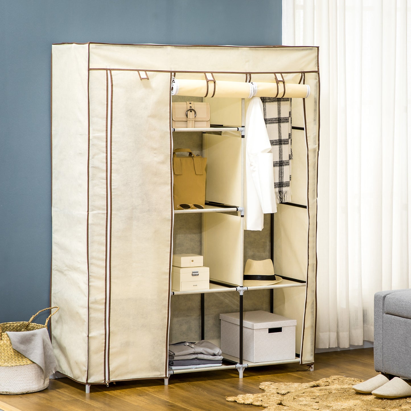 HOMCOM Armario de Tela Plegable Armario de Ropa Organizador Ropero Portátil con Estantes y Barra para Colgar para Dormitorio Vestidor 125x43x162,5 cm Crema