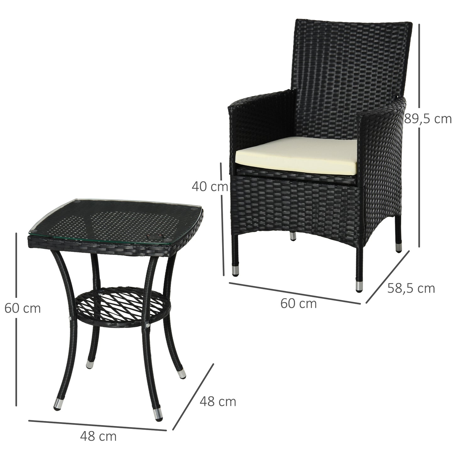 Outsunny Conjunto de Muebles para Jardín Juegos de Muebles de Ratán Incluye 1 Mesa y 2 Sillones con Cojines Estructura de Metal para Terraza Patio Negro