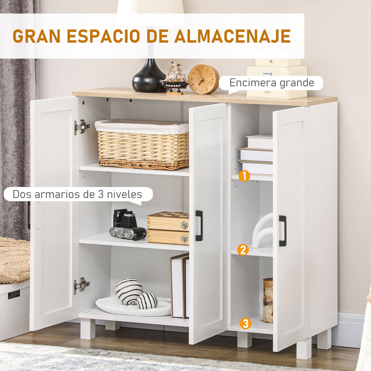 HOMCOM Aparador de Cocina Armario de Salón Mueble Buffet con 3 Puertas y Estantes Ajustables para Comedor Dormitorio Estilo Nórdico 90x30x90 cm Blanco