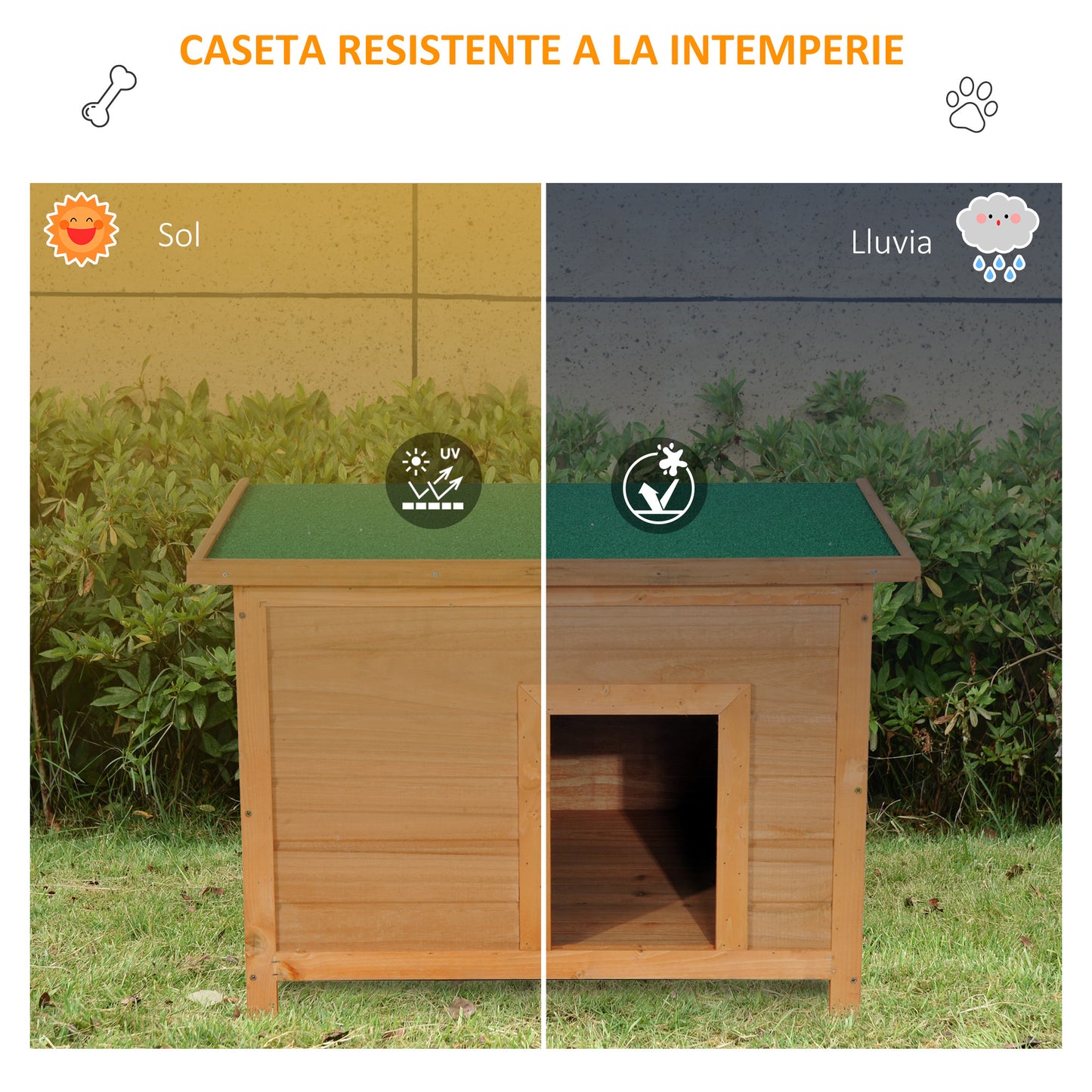 PawHut Caseta para Perro de Exterior Casa para Perros de Madera Impermeable con Tejado Abatible y Patas Antideslizantes para Interior y Exterior 82x58x58 cm Natural