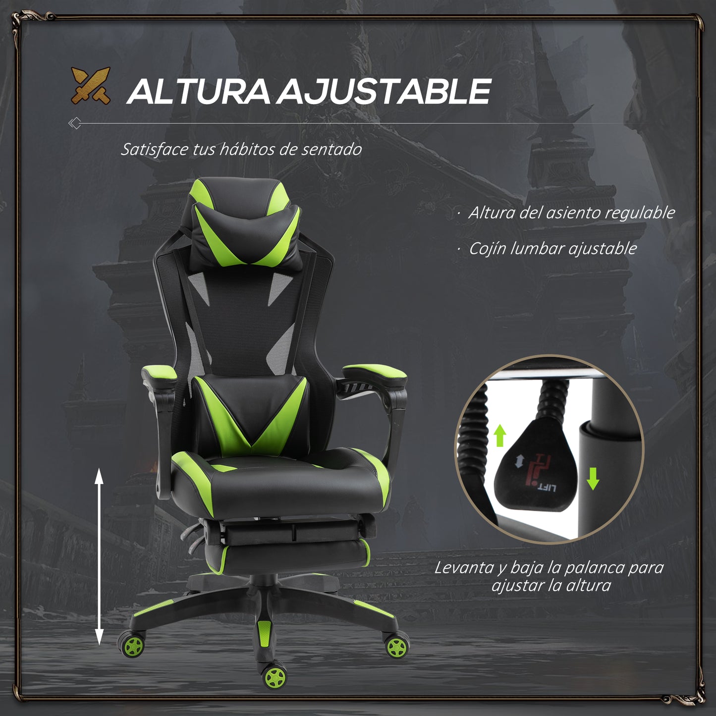 Vinsetto Silla Gaming Ergonómica Silla de Escritorio para Oficina con Altura Ajustable Respaldo Regulable de 170° Almohada Lumbar y Reposapiés Retráctil 65x70x117-125 cm Verde