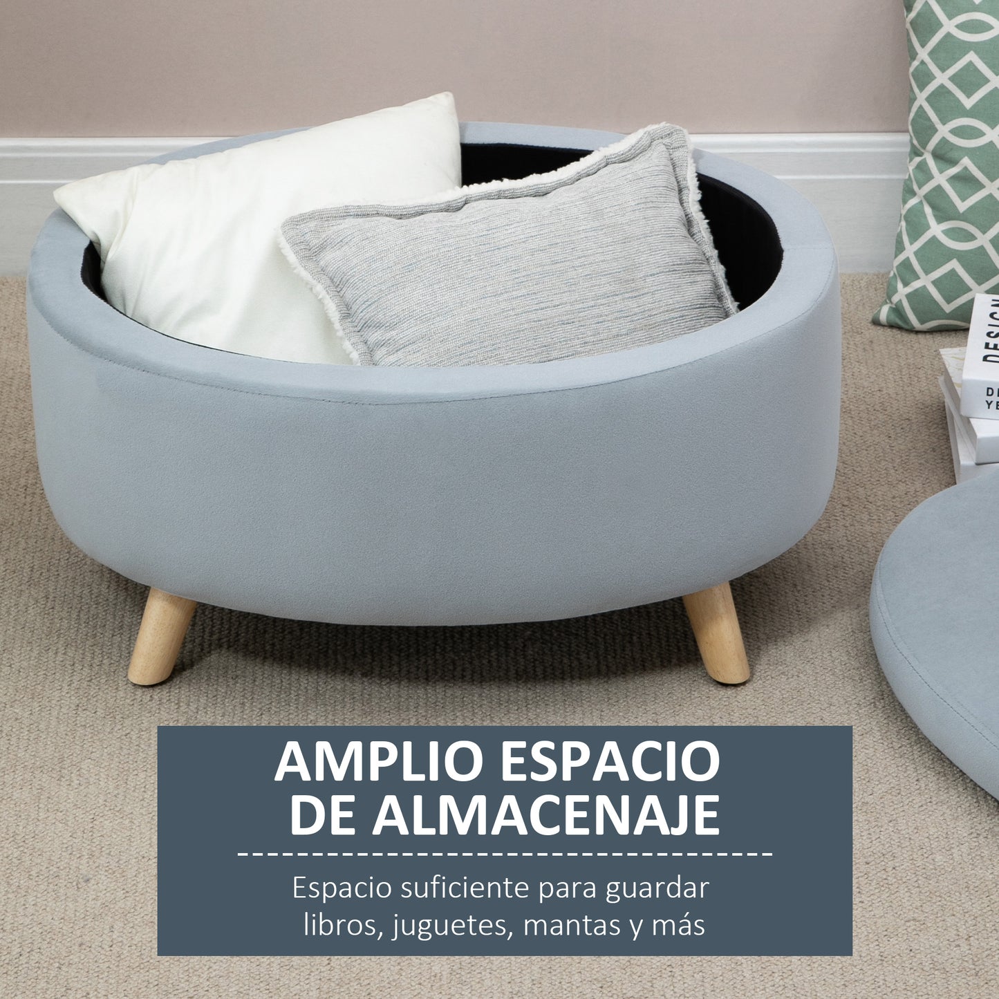 HOMCOM Otomana Puff Tapizada en Terciopelo Acolchada Taburete de Almacenaje con Tapa Extraíble y Patas de Madera para Dormitorio Salón Pasillo 71x51,5x42 cm Gris