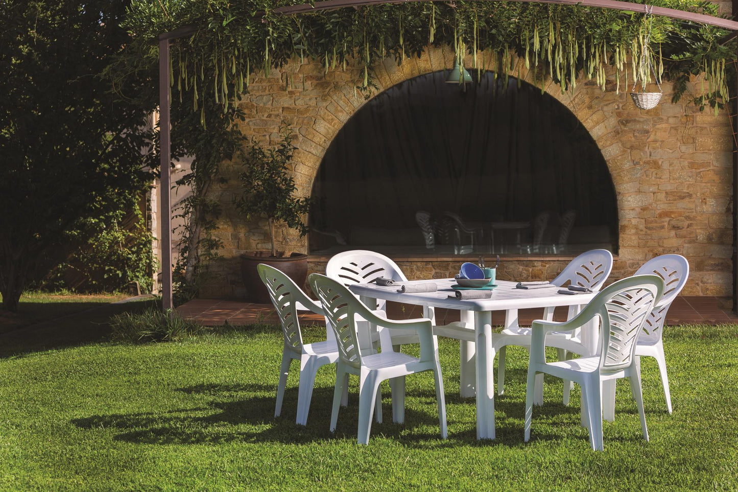 Garbar palma set 4 silla con brazos exterior blanco