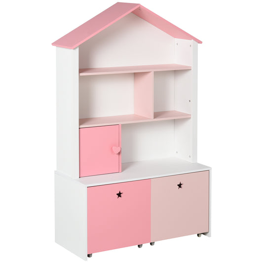 HOMCOM Estantería de Madera Infantil Librería para Niños con 4 Compartimentos 1 Puerta y 2 Cajones Extraíbles con Ruedas para Libros Juguetes 80x34x130 cm Rosa y Blanco