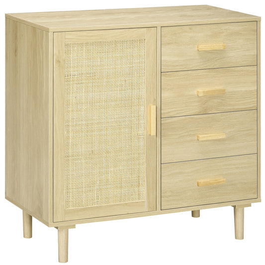 HOMCOM Aparador de Salón Estilo Cannage Buffet de Cocina con Puerta de Ratán 4 Cajones y Patas de Madera de Pino para Pasillo Entrada 80x38x80,5 cm Natural