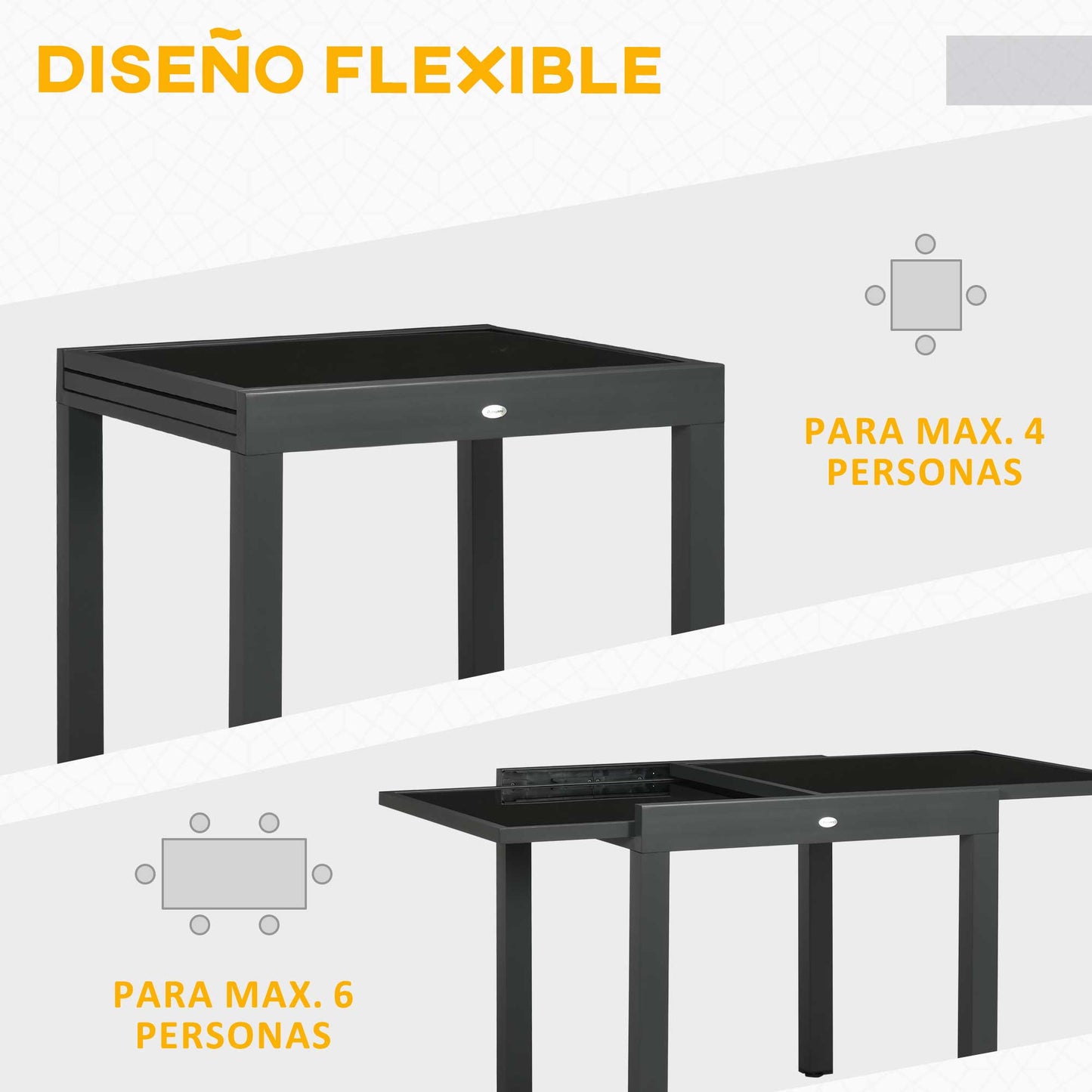 Outsunny Mesa de Jardín Extensible de Aluminio Mesa de Comedor Rectangular con Encimera de Vidrio Templado Carga 50 kg para Terraza 80-160x80x75 cm Negro