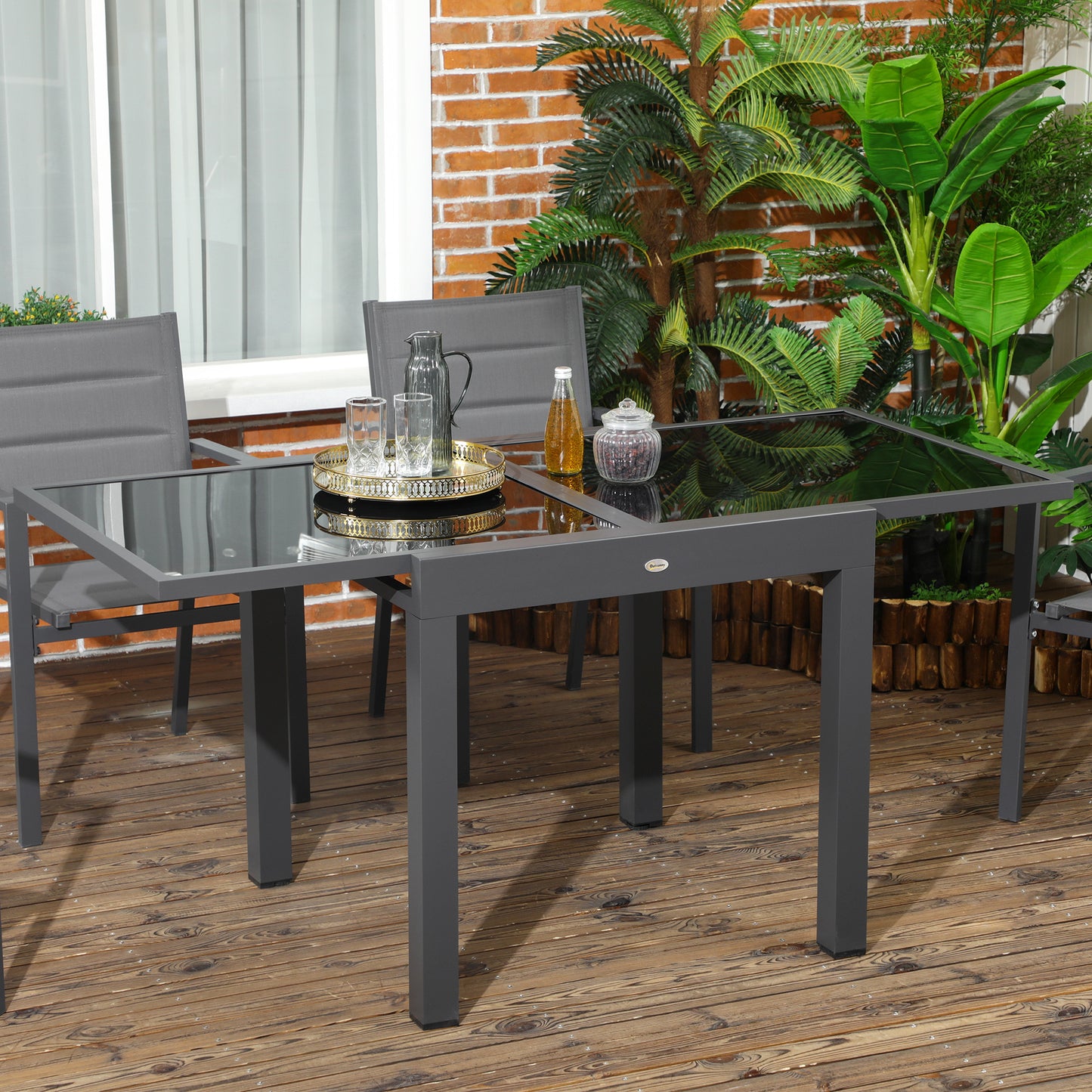 Outsunny Mesa de Jardín Extensible de Aluminio Mesa de Comedor Rectangular con Encimera de Vidrio Templado Carga 50 kg para Terraza 80-160x80x75 cm Negro