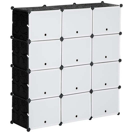 HOMCOM Armario Modular de Plástico Cajas de Zapatos con 12 Cubos Zapatero Organizador para Entrada Pasillo Dormitorio 125x32x125 cm Negro y Blanco