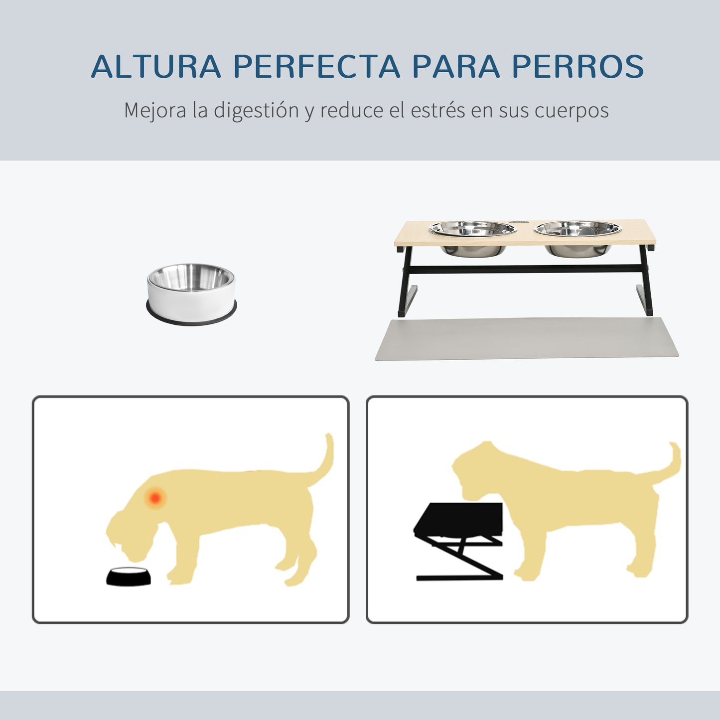 PawHut Comedero Elevado para Perros con Tapete y Comedero Lento Cuencos para Perros con 2 Tazones de Acero Inoxidable 1100 ml para Mascotas Medianos 60x30x18,5 cm Roble