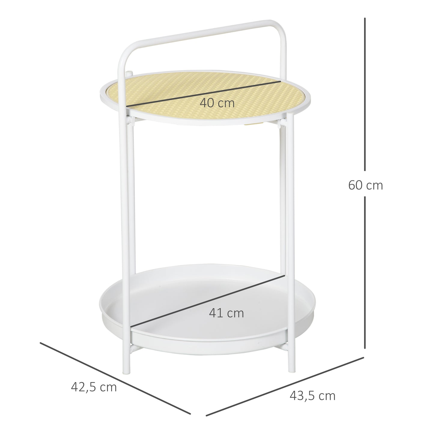 HOMCOM Mesa Auxiliar Mesita de Sofá de Ratán Plástico con Bandeja Extraíble y Asa Portátil Mesita de Noche Redonda con Marco de Acero para Dormitorio Oficina 43,5x42,5x60 cm Blanco