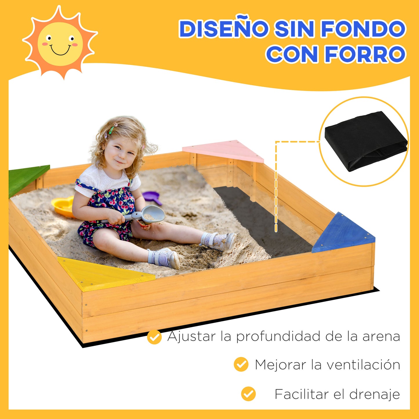 Outsunny Arenero Infantil de Madera Arenero para Niños Cuadrado de 3-8 Años con Tela no Tejida y 4 Asientos para Jardín Patio Terraza 109x109x19,8 cm Natural