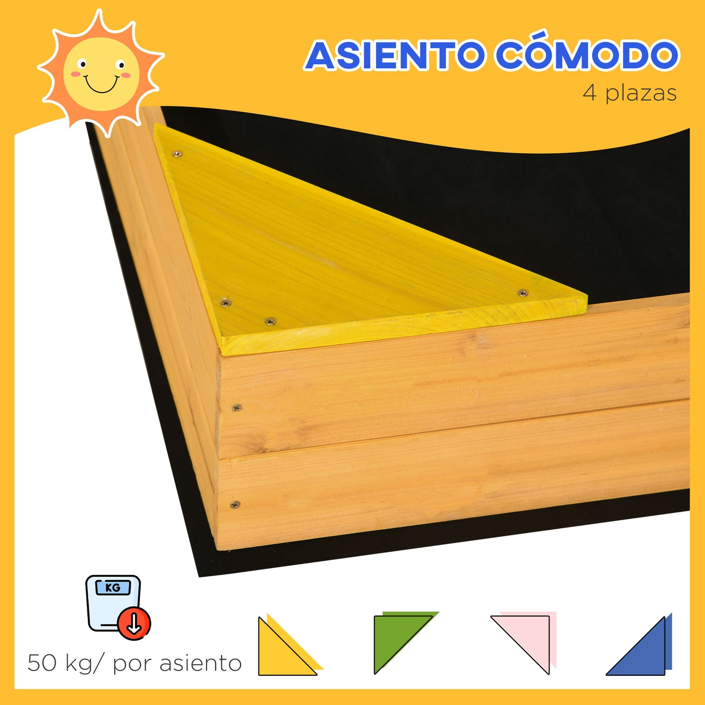 Outsunny Arenero Infantil de Madera Arenero para Niños Cuadrado de 3-8 Años con Tela no Tejida y 4 Asientos para Jardín Patio Terraza 109x109x19,8 cm Natural